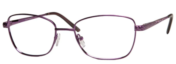 A pair of purple glasses with brown frames.