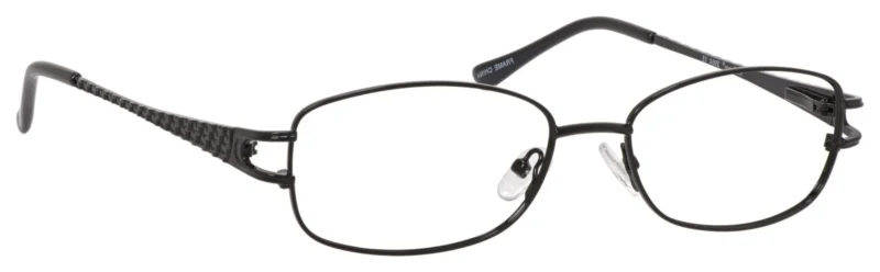 A pair of glasses with a black frame and clear lens.