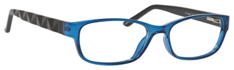 A pair of blue glasses with black temples.