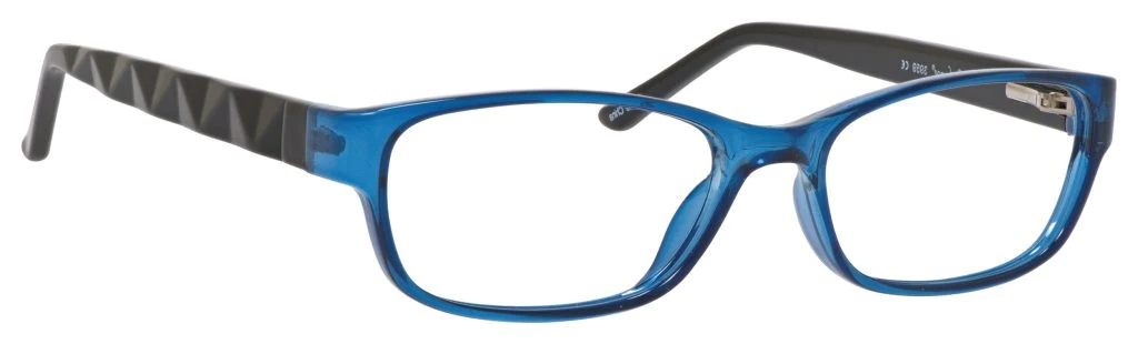 A pair of blue glasses with black temples.