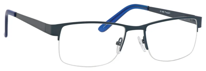 A pair of glasses is shown with blue frames.