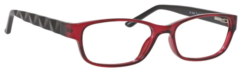 A pair of red glasses with black temples.