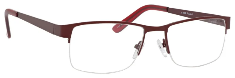 A pair of glasses is shown with red frames.