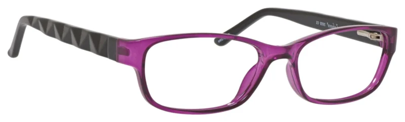 A pair of purple glasses with black tips.