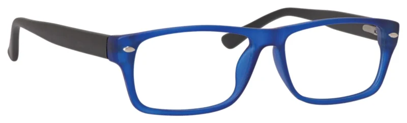 A pair of blue glasses with black temples.