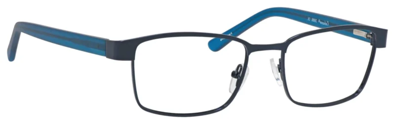 A pair of glasses is shown with blue frames.