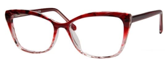 A pair of glasses is shown with red frames.