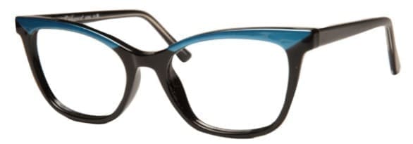 A pair of glasses is shown with blue frames.