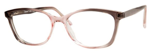 A pair of glasses is shown with pink frames.