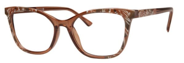 A pair of glasses is shown with brown frames.