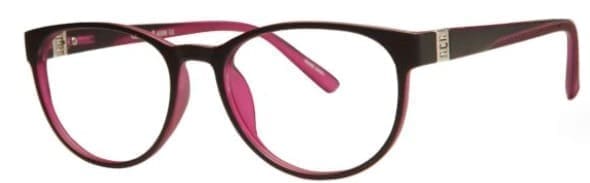 A pair of glasses is shown with pink frames.