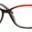 A pair of glasses is shown with red frames.