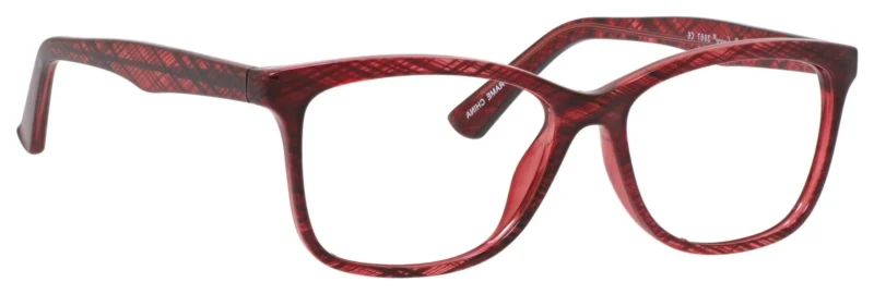 A pair of red glasses with a pattern on them.