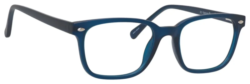 A pair of blue glasses is shown.