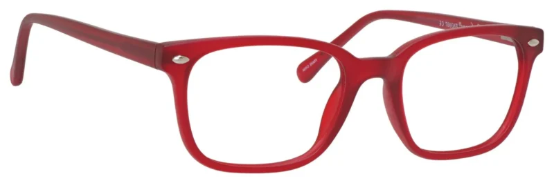 A red pair of glasses is shown.