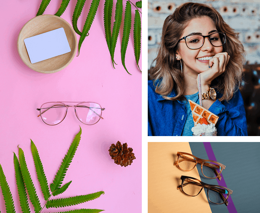 A collage of photos with glasses and plants