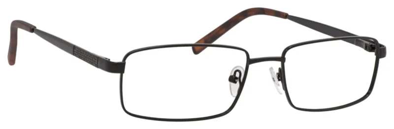 A pair of glasses with brown frames and black rims.