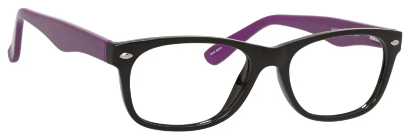 A pair of glasses with purple frames on top.