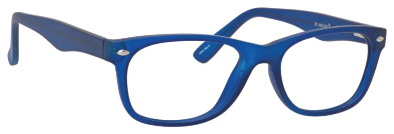 A pair of blue glasses is shown.