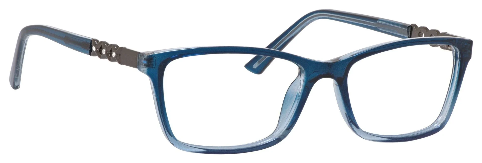 A pair of glasses is shown with the frame in front.