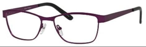 A pair of glasses is shown with purple frames.