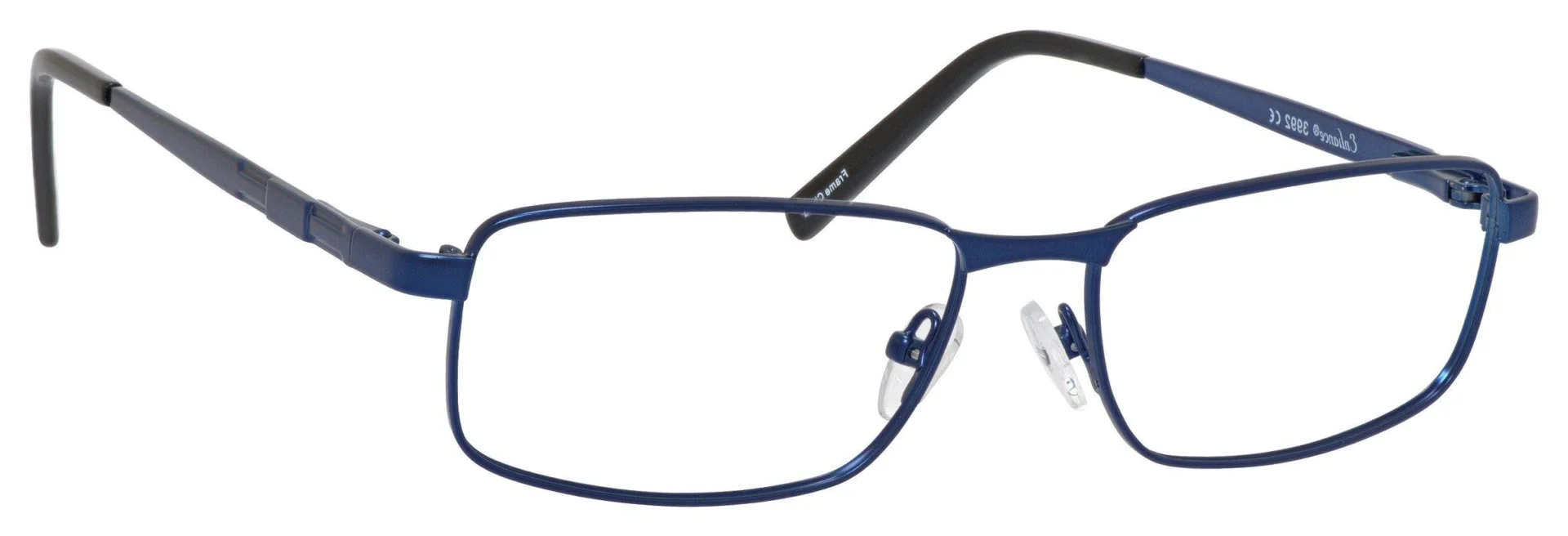 A pair of glasses is shown with black temples.