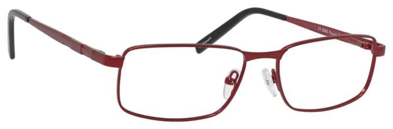 A pair of red glasses with black temples.