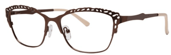 A pair of glasses with brown frames and white rims.