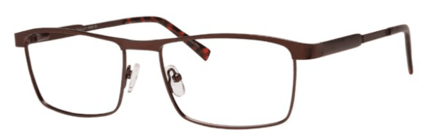 A brown pair of glasses with red accents.