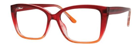 A pair of glasses is shown with orange frames.