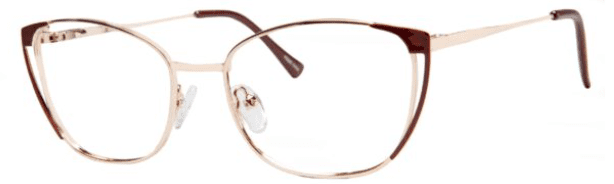 A pair of glasses with a brown frame and white rim.