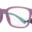 A pair of glasses with pink frames and blue accents.