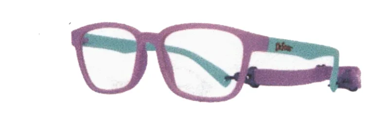 A pair of glasses with pink frames and blue accents.