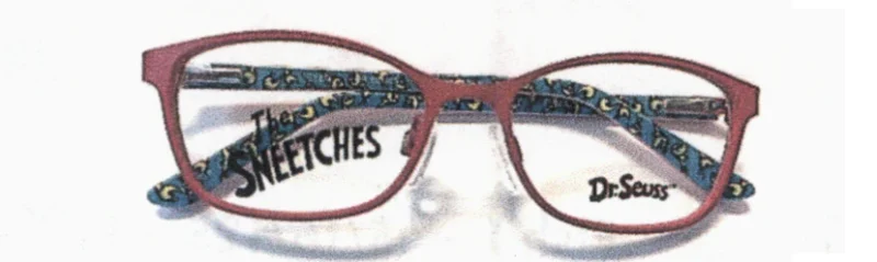 A pair of glasses with red frames and blue flowers.