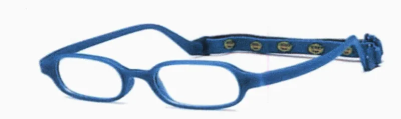 A pair of blue glasses with a strap around the rim.