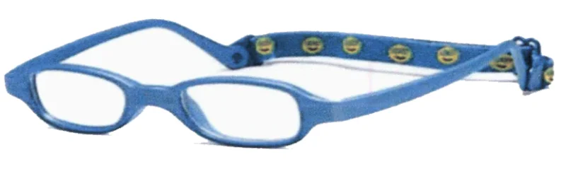 A pair of blue glasses with yellow straps.