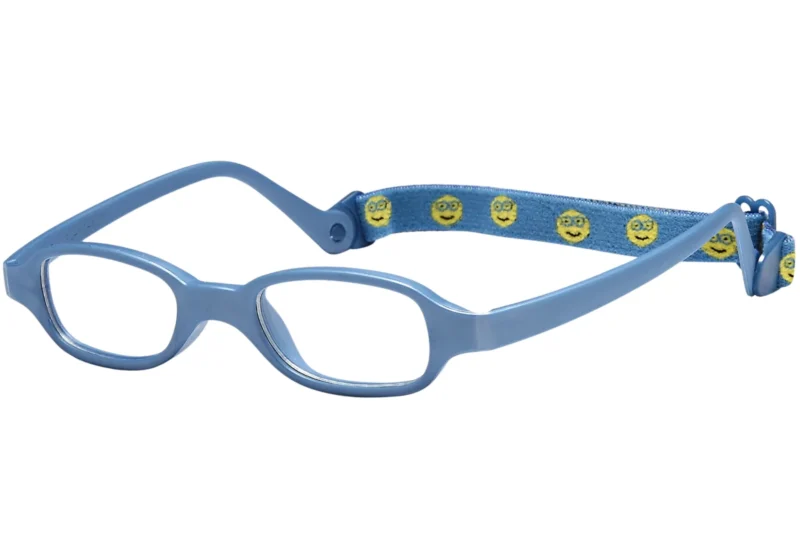 A pair of blue glasses with yellow smiley faces on it.