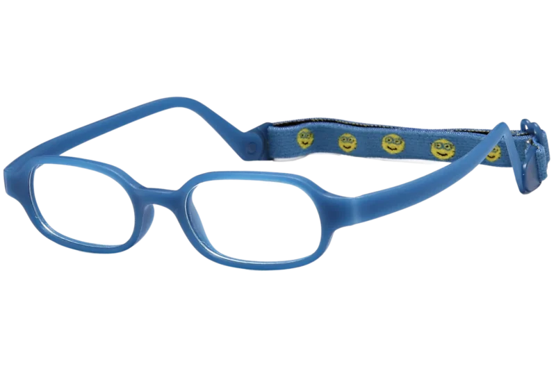 A pair of blue glasses with smiley faces on them.