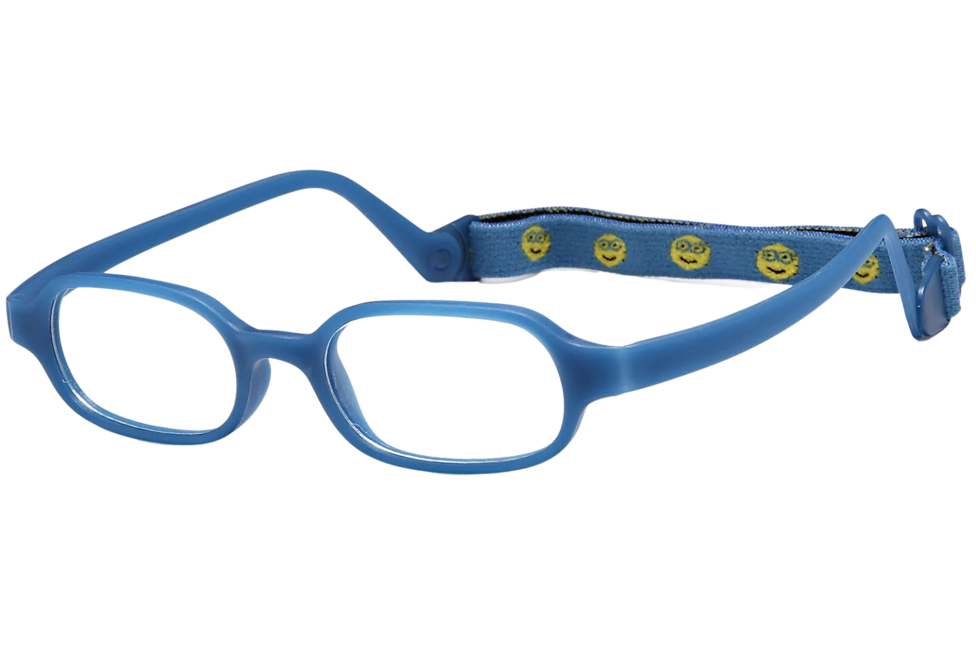 A pair of blue glasses with smiley faces on them.