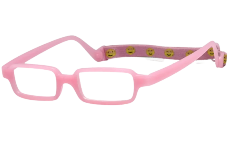 A pink pair of glasses with yellow smiley faces on them.