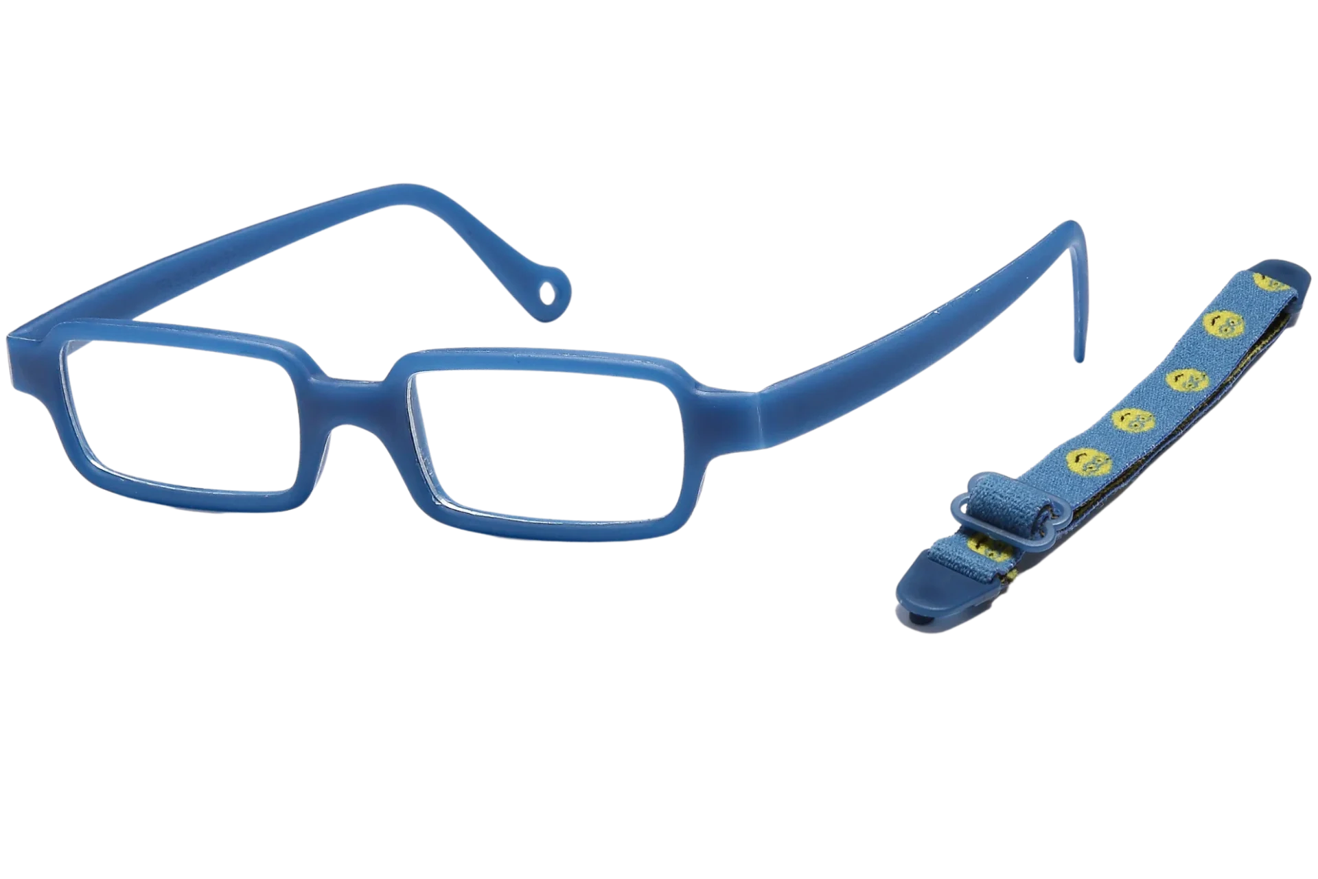 A pair of blue glasses with a strap around it.