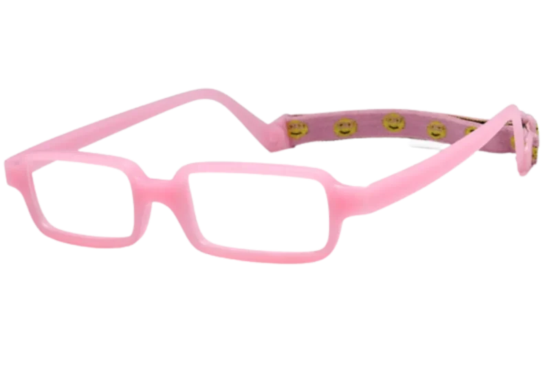 A pink pair of glasses is shown with the same number on each side.