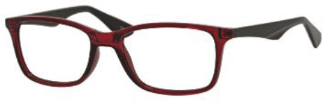 A pair of red glasses with black temples.