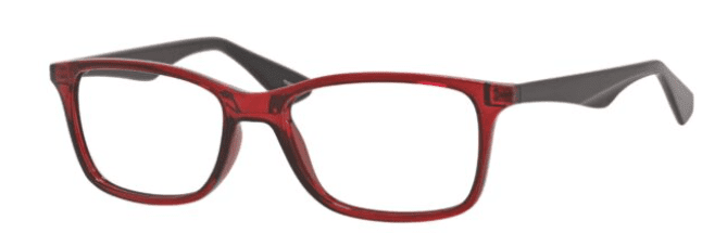 A red and black pair of glasses.