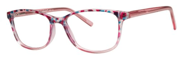 A pair of glasses is shown with pink frames.