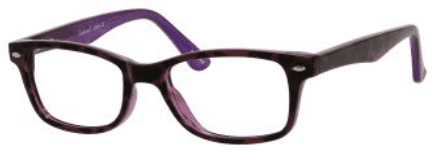 A pair of glasses is shown with purple frames.