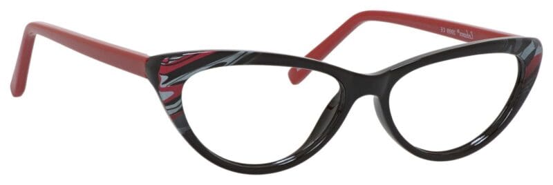 A pair of glasses is shown with red tips.