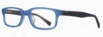 A pair of blue glasses with black temples.