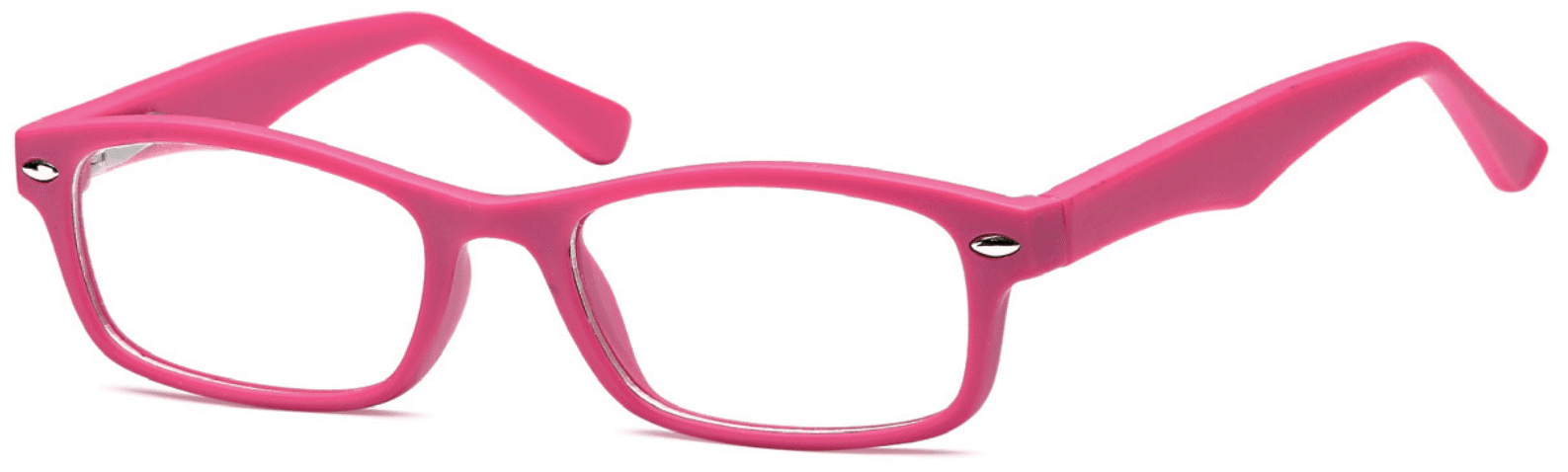 A pink pair of glasses is shown.