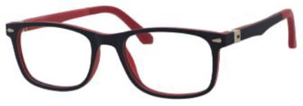 A pair of glasses is shown with red frames.